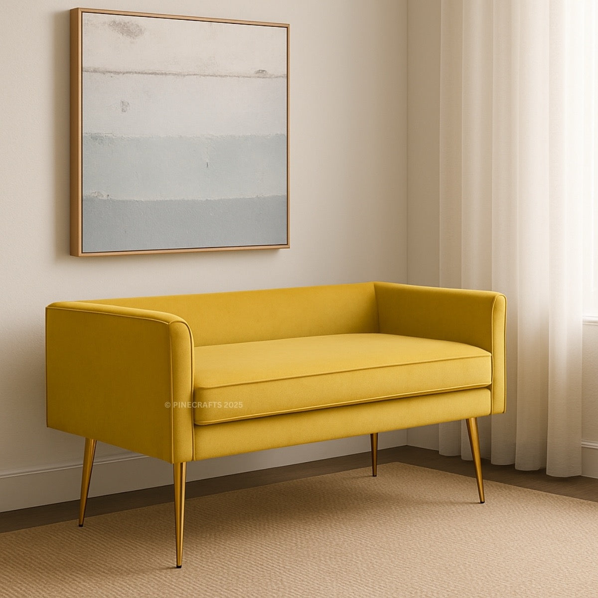 Yellow sofa in a room with a painting on the wall and curtains.